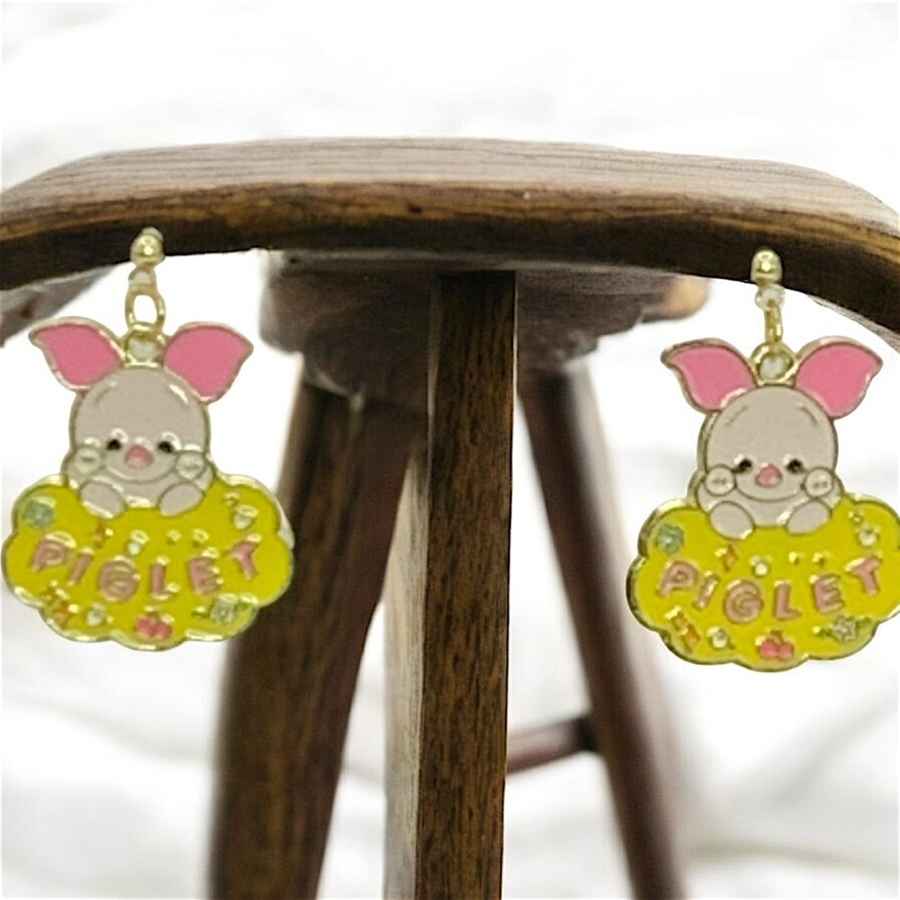 Piglet Stud Dangle Earrings with Pink and Yellow Accents - Picture 4 of 4